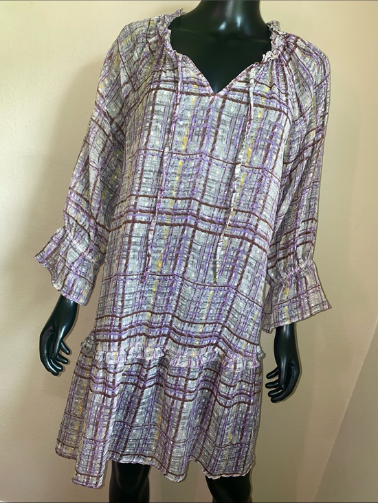Cato Dresses & Skirts - Cato Lavender Plaid Ruffle-Neck Sheer Mini Dress